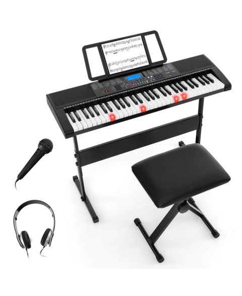 Детские игрушки Costway 61-Key Electric Piano Keyboard with 3 Teaching Modes and Lighted Keys, 7-Piece Set, Ages 5+, цвет: Чёрный