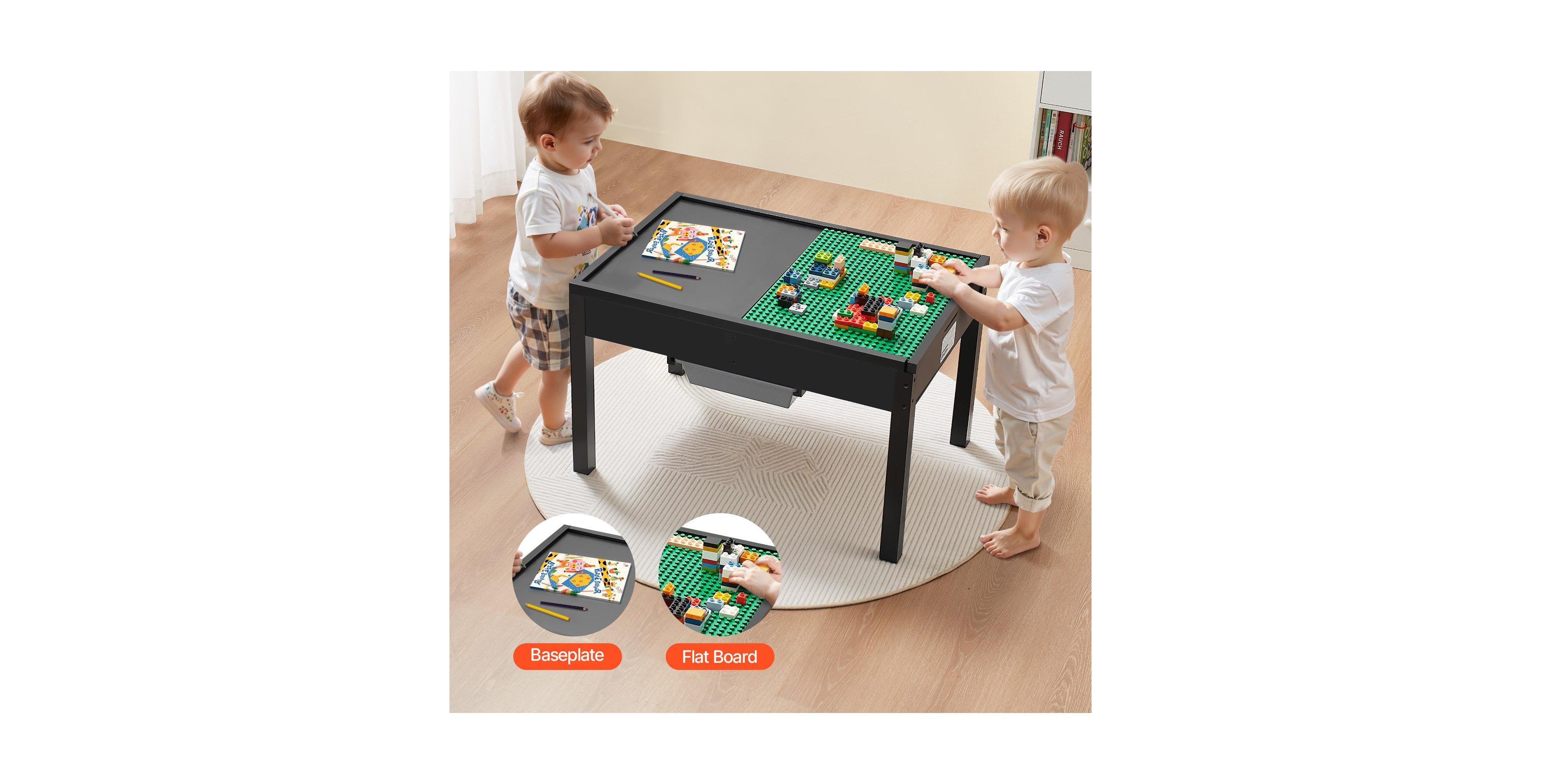 Mecale Kids Wooden Activity Table, Double-Sided Block Top w/ Storage Bins, Ages 3+