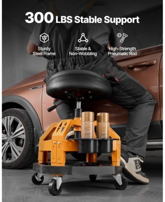 Rolling Shop Stool, Pneumatic Adjustable Height Garage Seat, 300 lb Capacity, 360° Swivel Padded Workshop Stool with Casters
