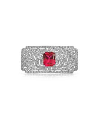 Art Deco Style Ruby CZ Rectangle Filigree Statement Brooch Pin
