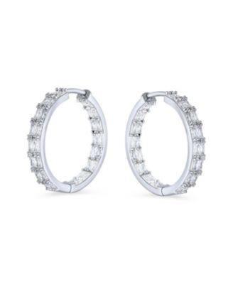 Princess Cut Cubic Zirconia Milgrain Edge Inside Out Hoop Earrings Silver Plated