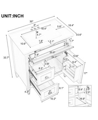 30 in. Bathroom Vanity Cabinet with Sink, One Flip Drawer and Two Drawers, Adjustable Shelf, Solid Wood and MDF
