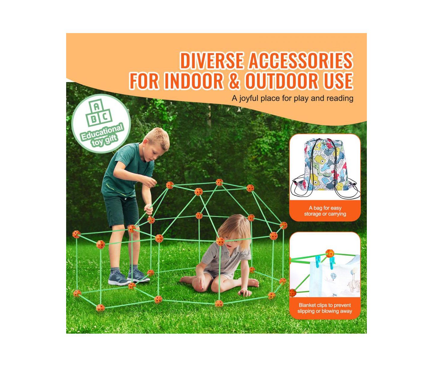 Детский конструктор Slickblue Glow Fort 140-Piece Glow-In-The-Dark Stem Building Kit, Ages 5+, цвет: Оранжевый / Зелёный — фото 6