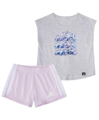 Baby Girls' Back Pleated Short-Sleeve T-Shirt and Mesh Shorts, 2-Piece Set