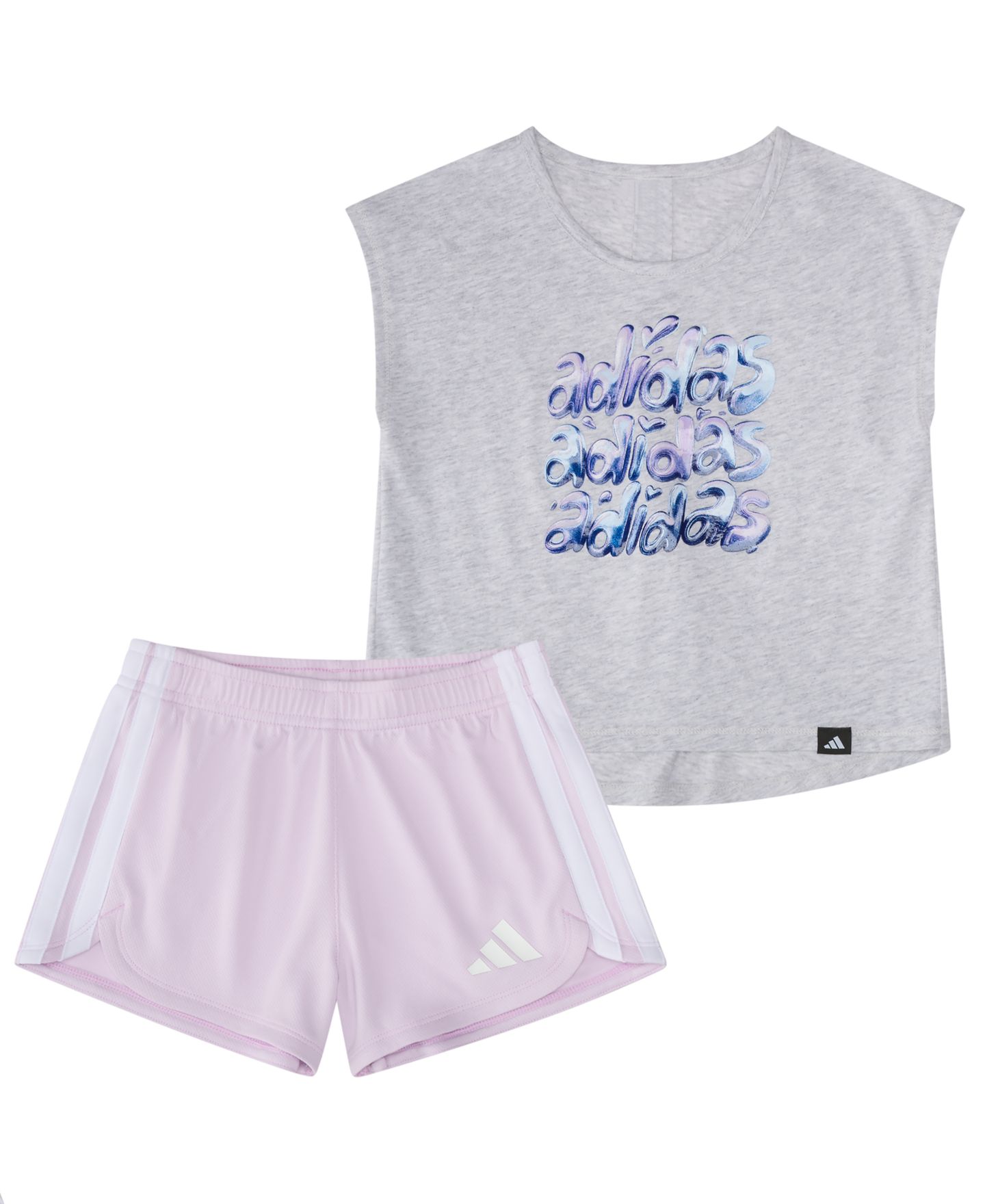 adidas Baby Girls' Back Pleated Short-Sleeve T-Shirt and Mesh Shorts, 2-Piece Set, цвет: Серый меланжевый / Пастельный розовый — фото 1