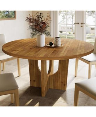 Solid Wood Round Dining Table, 47.2" Farmhouse Kitchen Table for 4-6 People, Kitchen, Living Room, Brown