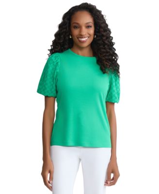 Women's Eyelet Puff-Sleeve Crew Neck Top