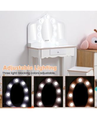 Kids Vanity Set with 3 Mirrors, Pretend Play Girls Vanity Table and Chair Set with Lighted Mirror, Stool, and Wood Makeup Playset