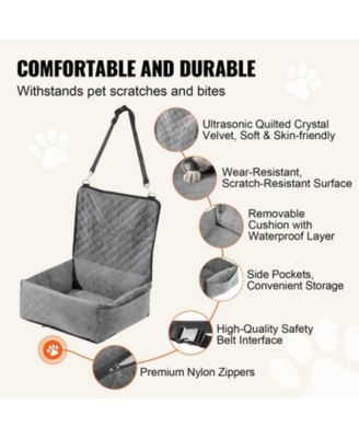 Dog Car Booster Seat w/ Storage Pocket & Safety Leash, Sponge + PP Cotton Fill, Dog Car Bed for Small/Medium Dogs up to 40 lb, Gray