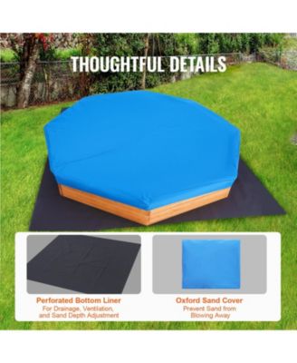 Wooden Octagonal Sandbox w/ Cover, 75.6" x 75.6" x 9.1", 4 Seats & Bottom Liner, Ages 3-12