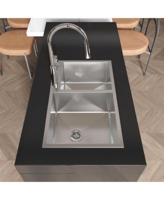 32inch Overmount Double Bowl Brushed Nickel 304 Stainless Steel Handmade Kitchen Sink LS SSBR03 with US Standard Drain and Hook