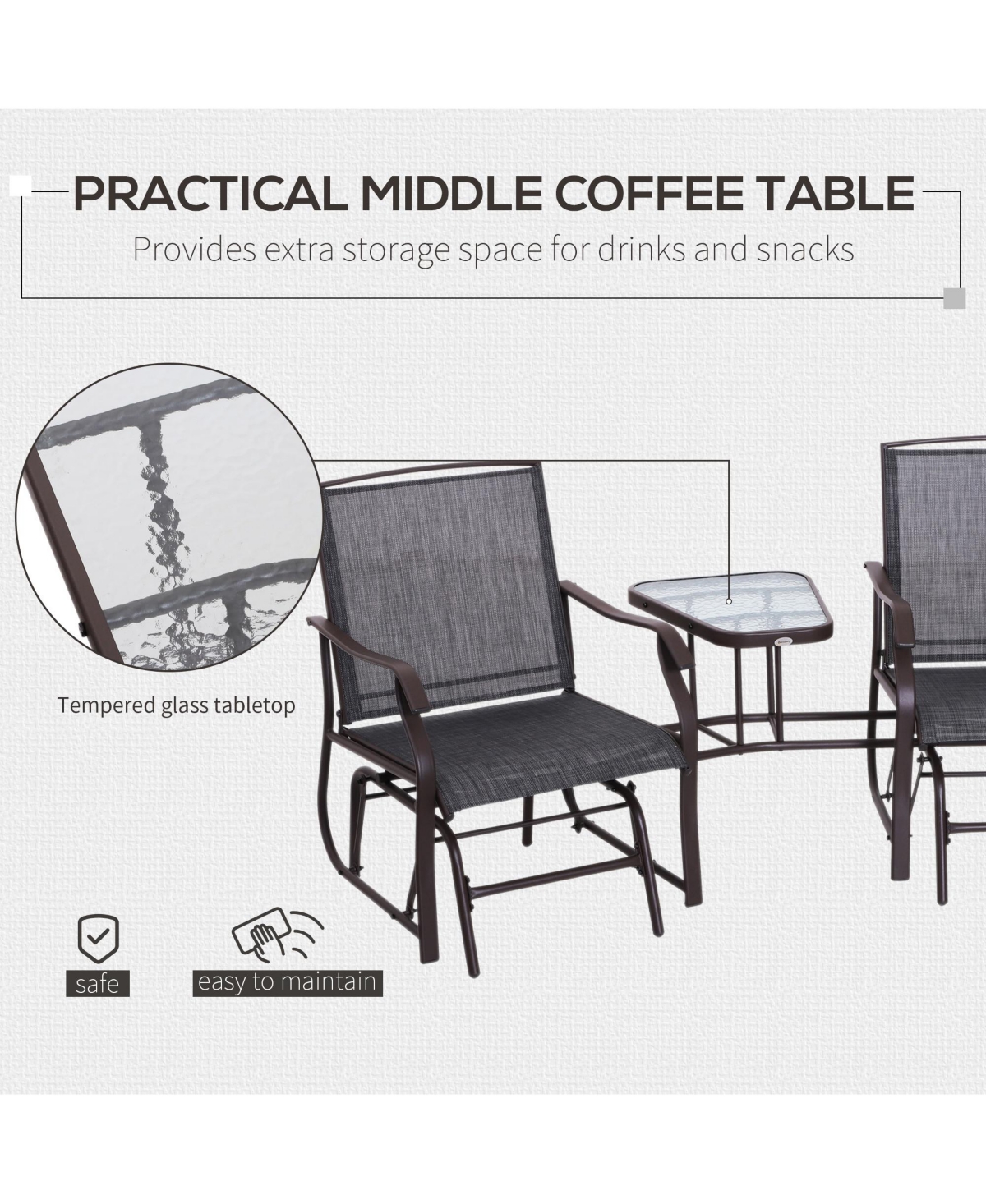 Flynama Outdoor Glider Chairs with Coffee Table, Patio 2-Seat Rocking Chair Swing Loveseat with Breathable Sling for Backyard, Garden and Porch, Grey