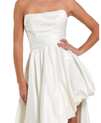 Petite Strapless High-Low Satin Gown with Draped Skirt