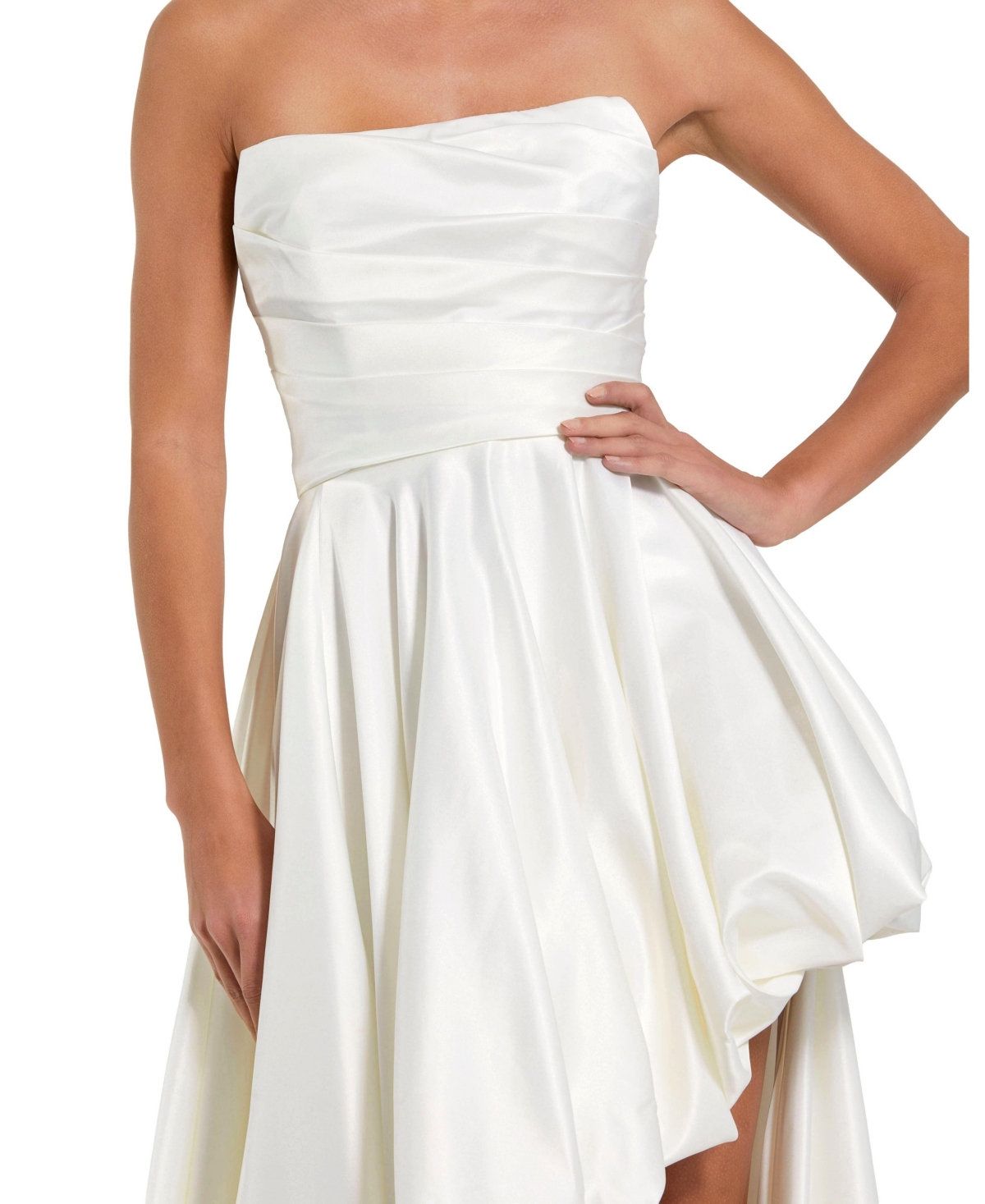 Mac Duggal Petite Strapless High-Low Satin Gown with Draped Skirt