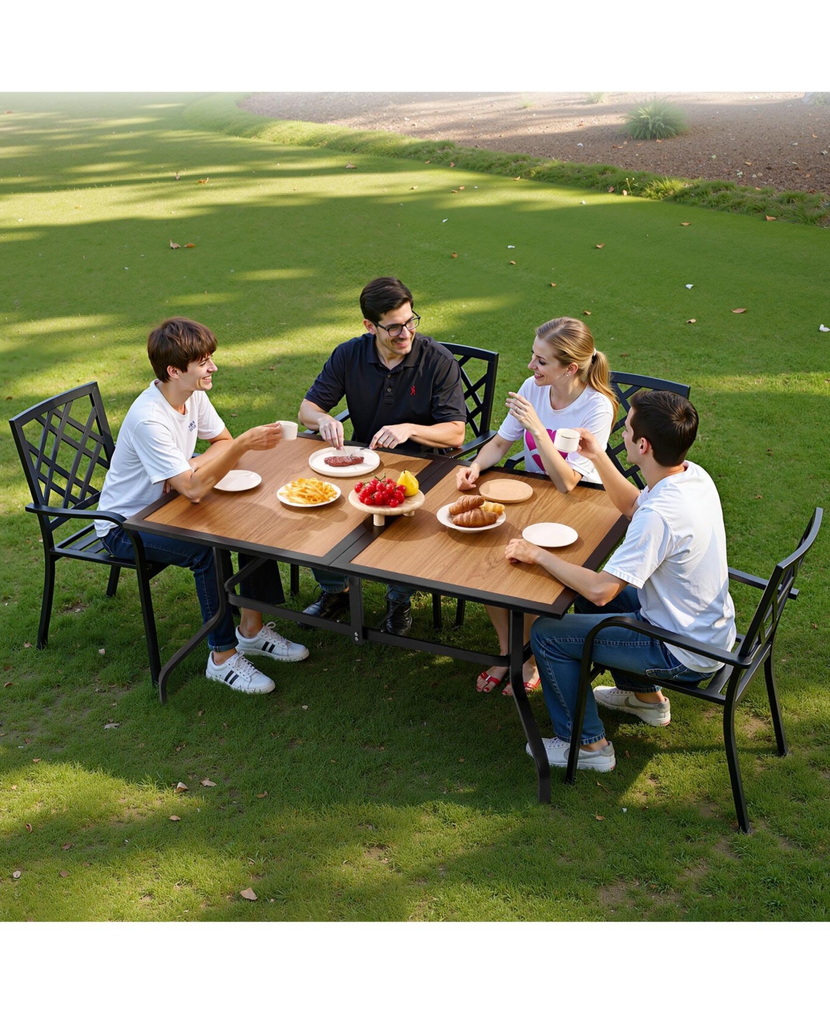 Mecale 59" Rectangular Outdoor Patio Dining Table, Wood-Like Steel Slat Bistro Table for 4-6 with 1.5" Umbrella Hole, Brown