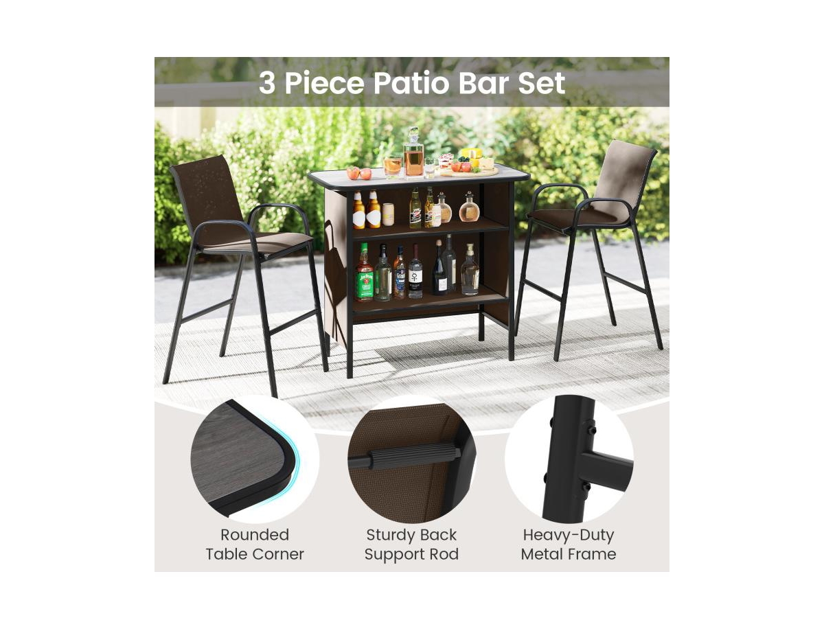 Slickblue Outdoor 3-Piece Bar Set with 2-Tier Storage and Footrest