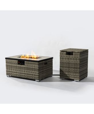 Rattan Fire Pit Table with Tank Holder and Ceramic Tile Tabletop