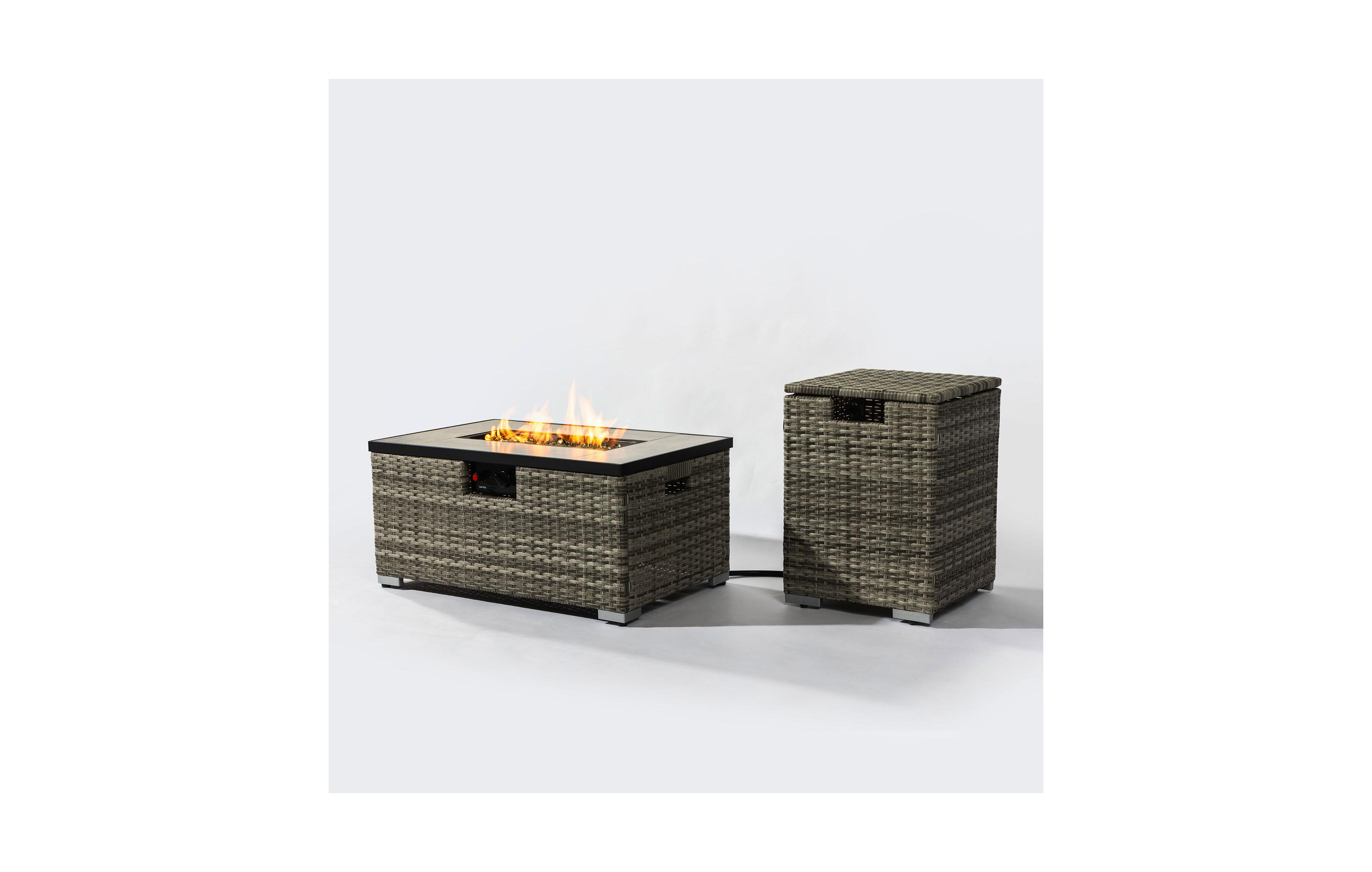 Flynama Rattan Fire Pit Table with Tank Holder and Ceramic Tile Tabletop