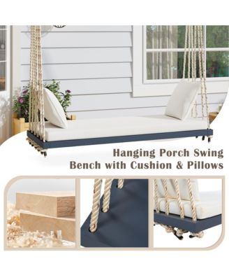 Patio Wooden Swing Chair, Hanging Porch Swing Bench with Cushion&Pillows, 10.8Ft Hemp Ropes for Garden,Backyard, Lawn,Gray
