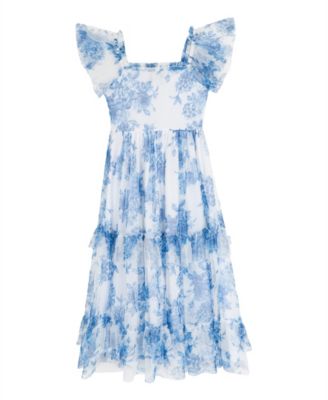 Girls' 7-16 Floral Mesh Smocked Square Neck Dress