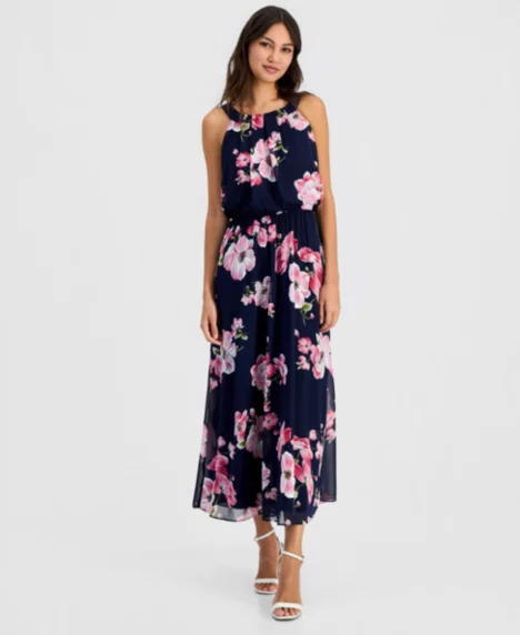 Petite Halter Floral Print Sleeveless Maxi Dress - Navy.pink