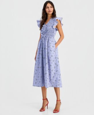 Women's Printed Smocked Flutter Sleeve Midi Dress