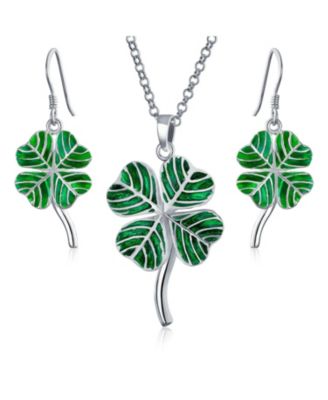 Good Luck Charm Green Clover Earrings Pendant Jewelry Set .925 Sterling Silver
