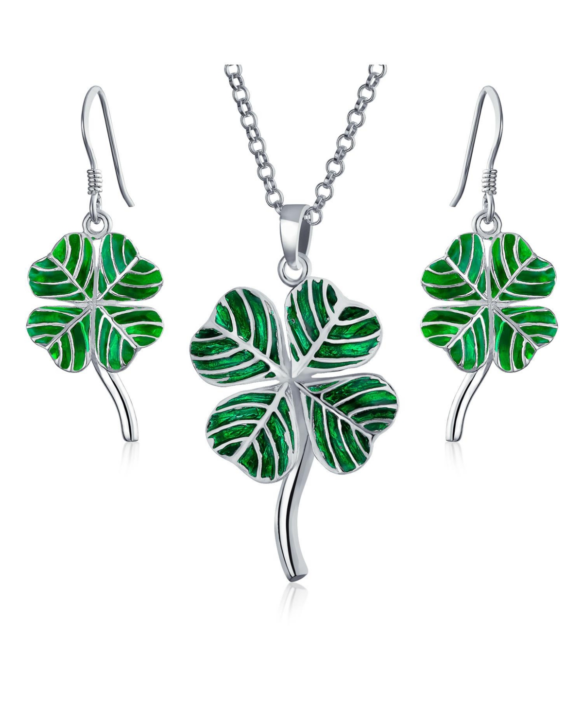 Bling Jewelry Good Luck Charm Green Clover Earrings Pendant Jewelry Set .925 Sterling Silver