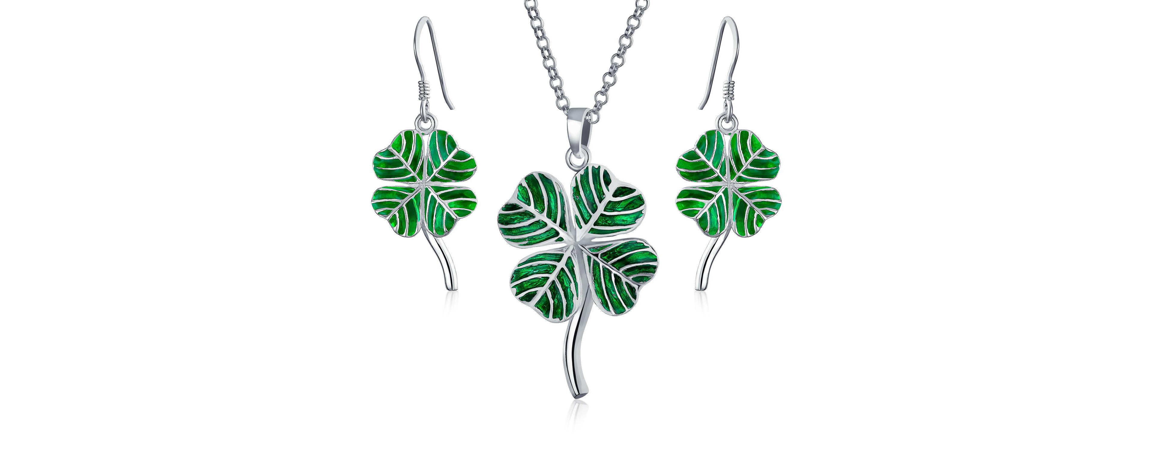 Bling Jewelry Good Luck Charm Green Clover Earrings Pendant Jewelry Set .925 Sterling Silver