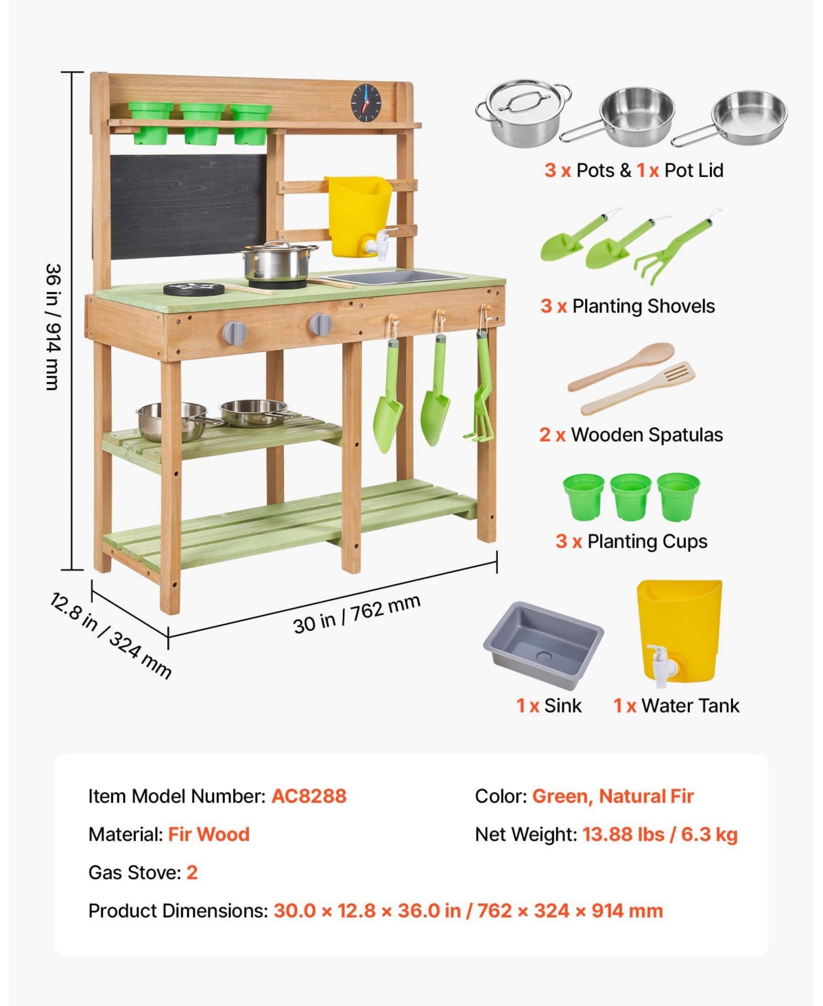 Mecale Kids Outdoor Mud Kitchen, Wooden Play Kitchen with Stove, Tank & Sink, Shovels, Spatulas, Box, Cookware Pots & Accessories