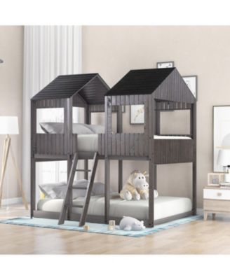 Full Over Full Woodbunk Bed With Roof, Window, Guardrail, Ladder