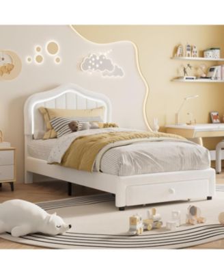 Twin LED Bed Frame with Storage & RGB Lights - Upholstered Platform Bed for Kids, Soft Fleece Fabric, No Box Spring Needed