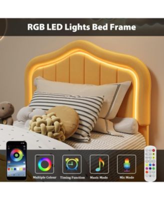 Twin LED Bed Frame with Storage & RGB Lights - Upholstered Platform Bed for Kids, Soft Fleece Fabric, No Box Spring Needed