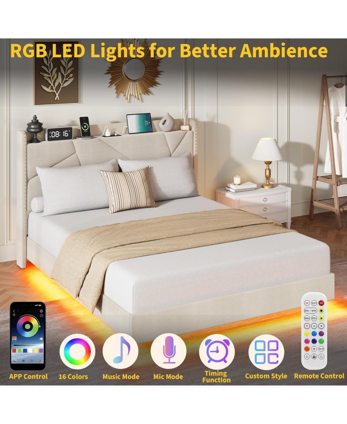 gaomon King Floating Bed Frame with Led Lights & Charging Station, Upholstered Storage Headboard Folding Shelves