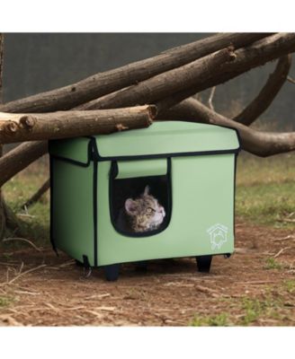 Elevated Heated Cat House with Timer, Adjustable Temperature, 900D Oxford Cloth Foldable Shelter with Heated Pad, Green, Small