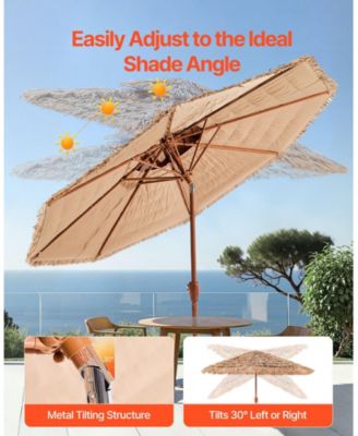 9 ft Tiki Patio Umbrella with Tilt, 2-Tier Thatched Hawaiian Style Beach Parasol with PP Thatch and 8 Metal Ribs