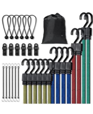 32-Piece Flat Bungee Cord Set, 17mm Heavy-Duty Bungee Straps with A3 Steel J-Hooks, 10-40" Assorted Lengths, Bag & Clips