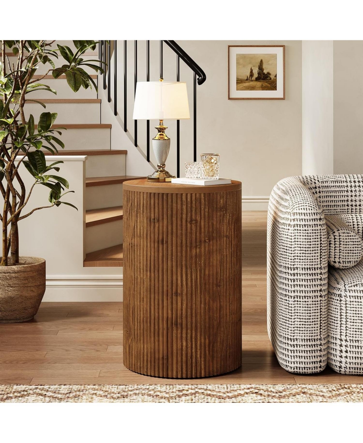 Tribesigns Solid Wood Round Side Table with Storage, No-Assembly Fluted End Table with 4 Wheels, Wooden Nightstand (Fully Assembled)