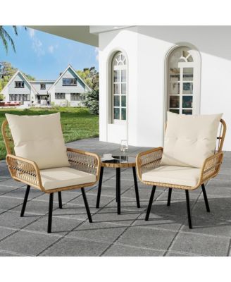 3 Piece Outdoor Wicker Patio Bistro Set, Rattan Conversation Set with Glass Top Coffee Table