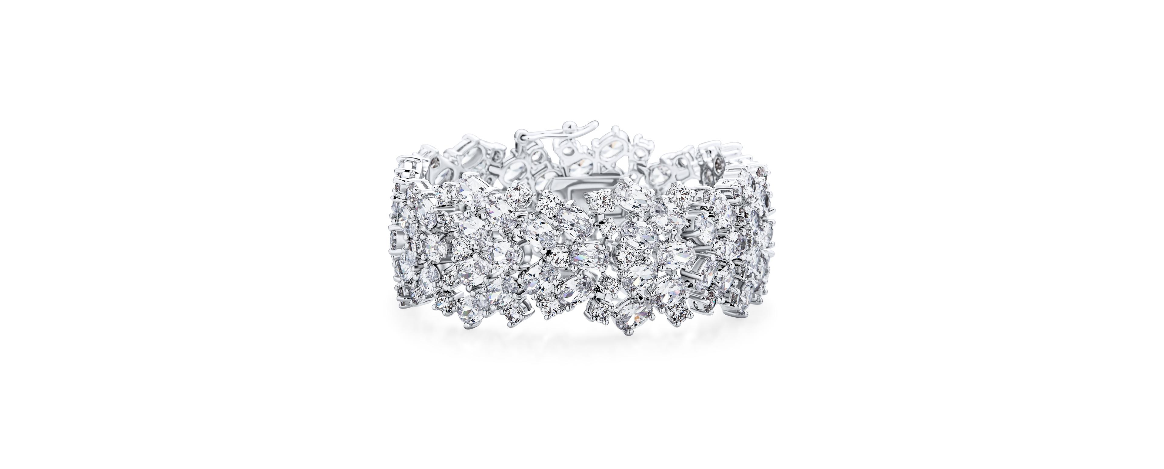 Bling Jewelry Elegant Special Occasion Jewelry Multi Row Cluster Design Cubic Zirconia Cz Wide Statement Bracelet Occasions Silver Plated