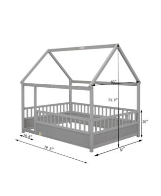 Full Size Wooden Floor Bed with House Roof Frame & Fence Guardrails for Kids