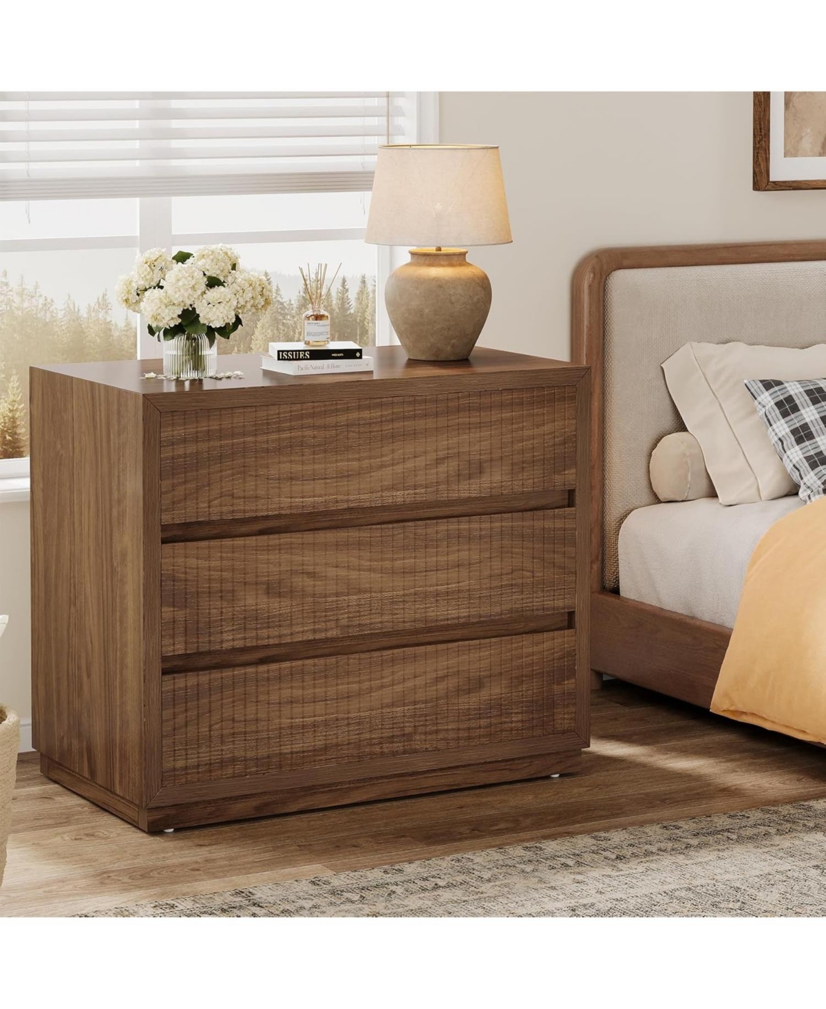 Tribesigns Fluted Nightstand, 31" Wide Night Stand with 3 Storage Drawers, Farmhouse Oversized Bedside Table Modern Large End Side Table