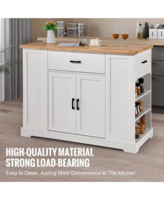 46" MDF, Rubberwood Kitchen Island Cart with Wood Top, Storage Cabinet, Adjustable Shelf, Drawer, Farmhouse Rolling Table