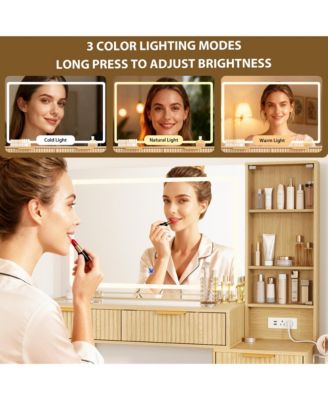 48" Makeup Vanity Desk with Glass Top, LED Mirror & Lights, 5 Drawers, Power Outlet – Modern Fluted Bedroom Design