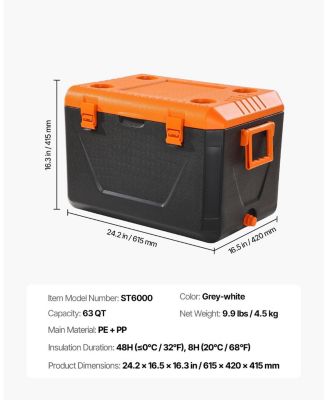 63 QT Hard Cooler, Insulated Portable Cooler with Ice Retention, Heavy-Duty Handles, Cup Holder, Lightweight Rigid Design