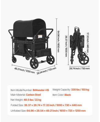 Wagon Stroller for 4 Kids, Collapsible Push Pull Quad Stroller with Adjustable Handle, 5-Point Harness, Removable Canopy, Black, 330 lbs Load