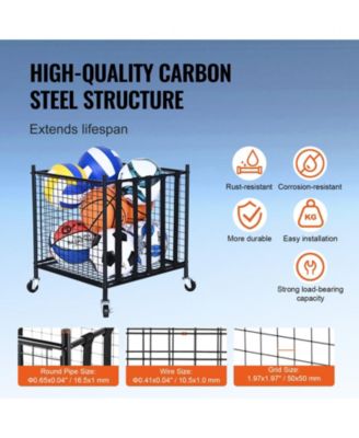 Rolling Sports Ball Storage Cart, Lockable Basketball Cage, Elastic Straps, Steel Equipment Organizer for Indoor or Outdoor Use