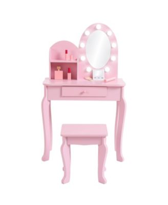 Girls' Vanity Set with Light and Mirror, Makeup Table and Stool for Kids, Wood Dressup Playset for 4-9