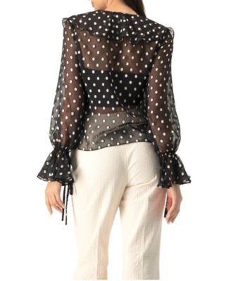 Women's See-Through Polka Dot V-Neck Blouse