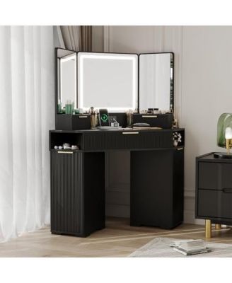 Lighted Mirror Corner Vanity Desk with Charging Station – Fluted Design, 3 Drawers, Cabinets & Open Shelves